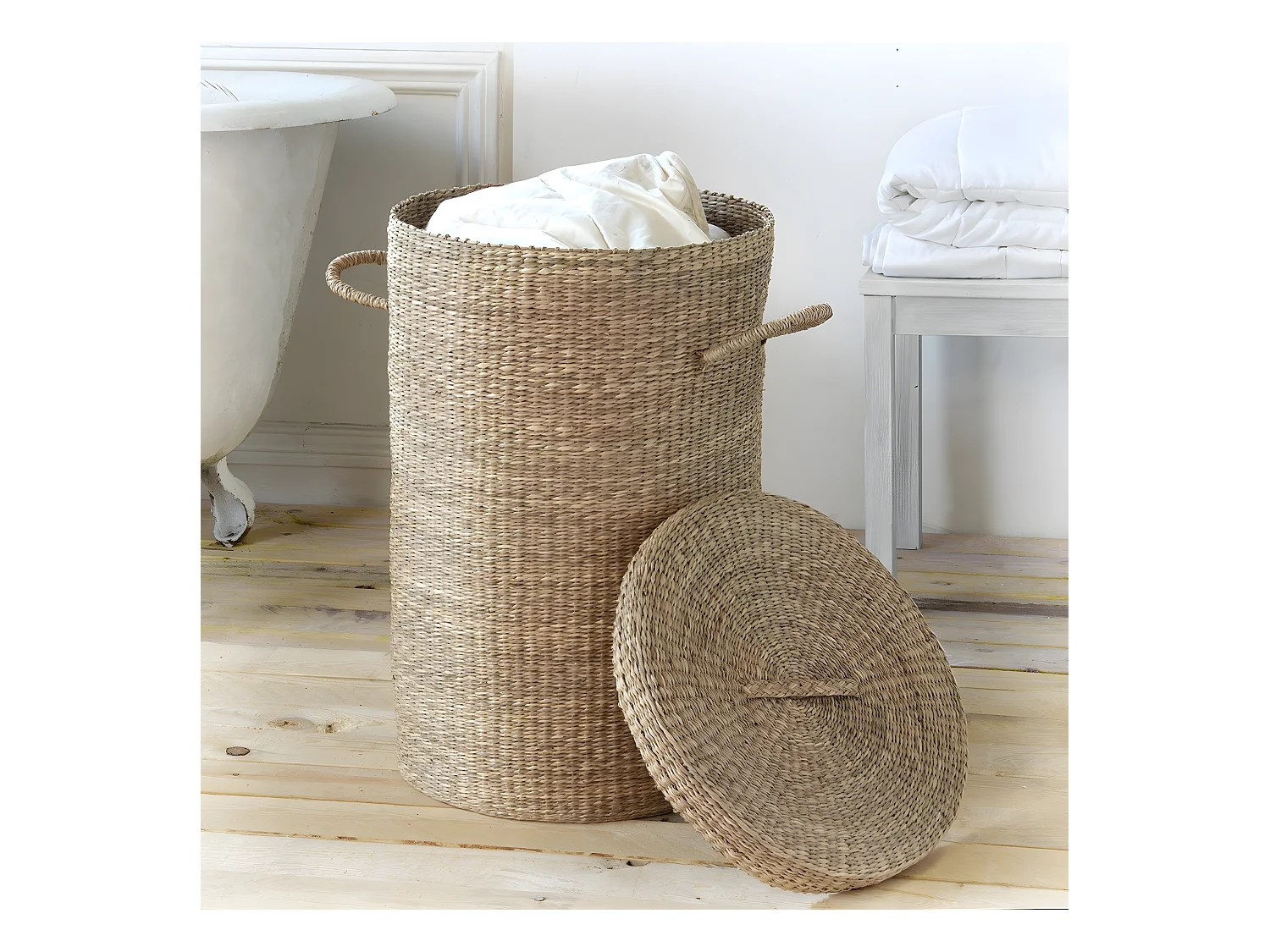 Panier à linge en jonc de mer naturel