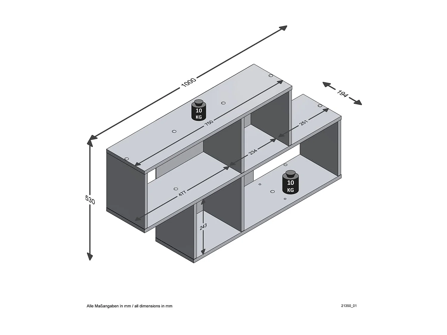 Etagère murale 4 Compartiments L100 cm - Nora