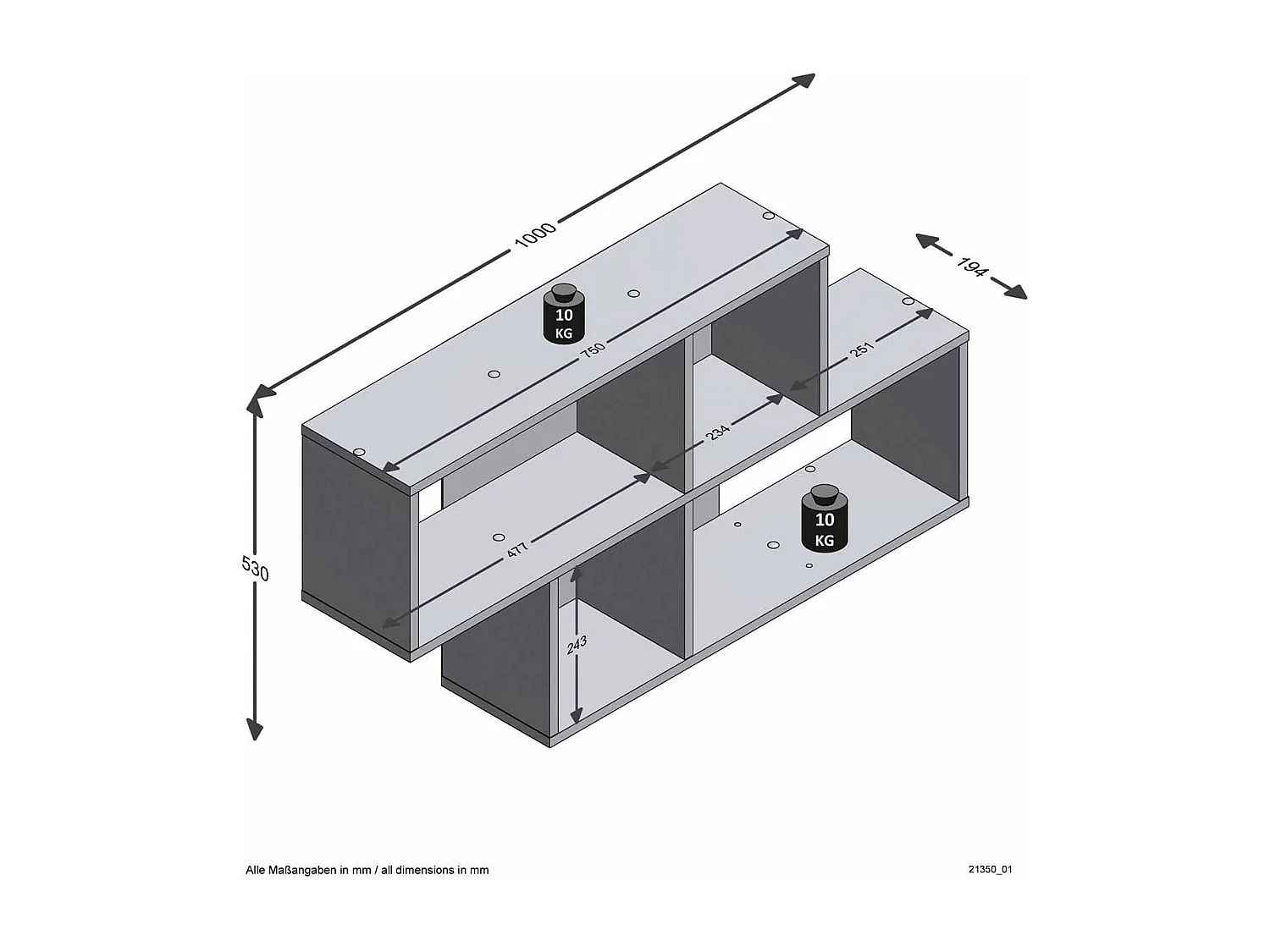 Etagère murale 4 Compartiments L100 cm - Nora
