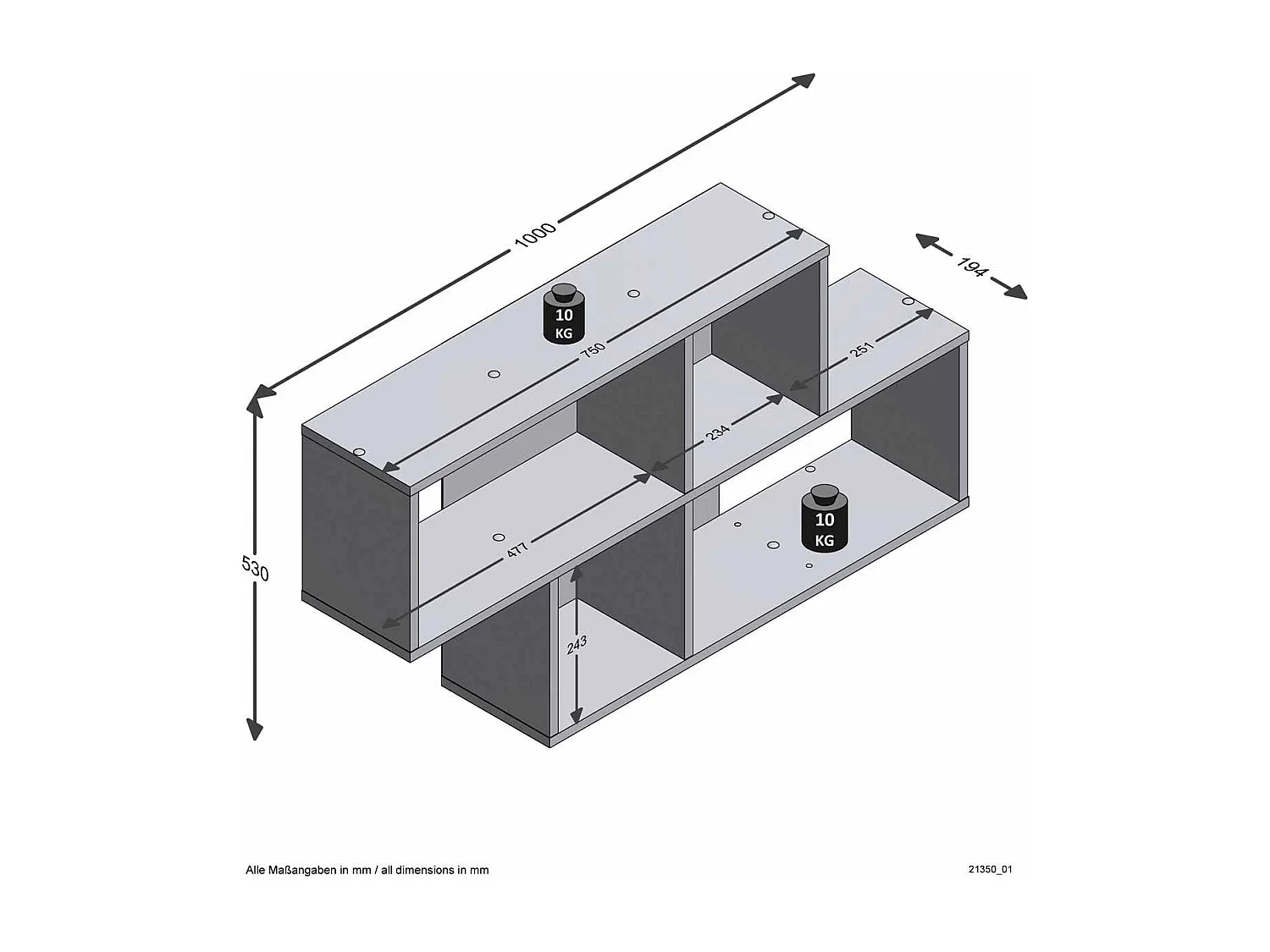 Etagère murale 4 Compartiments L100 cm - Nora