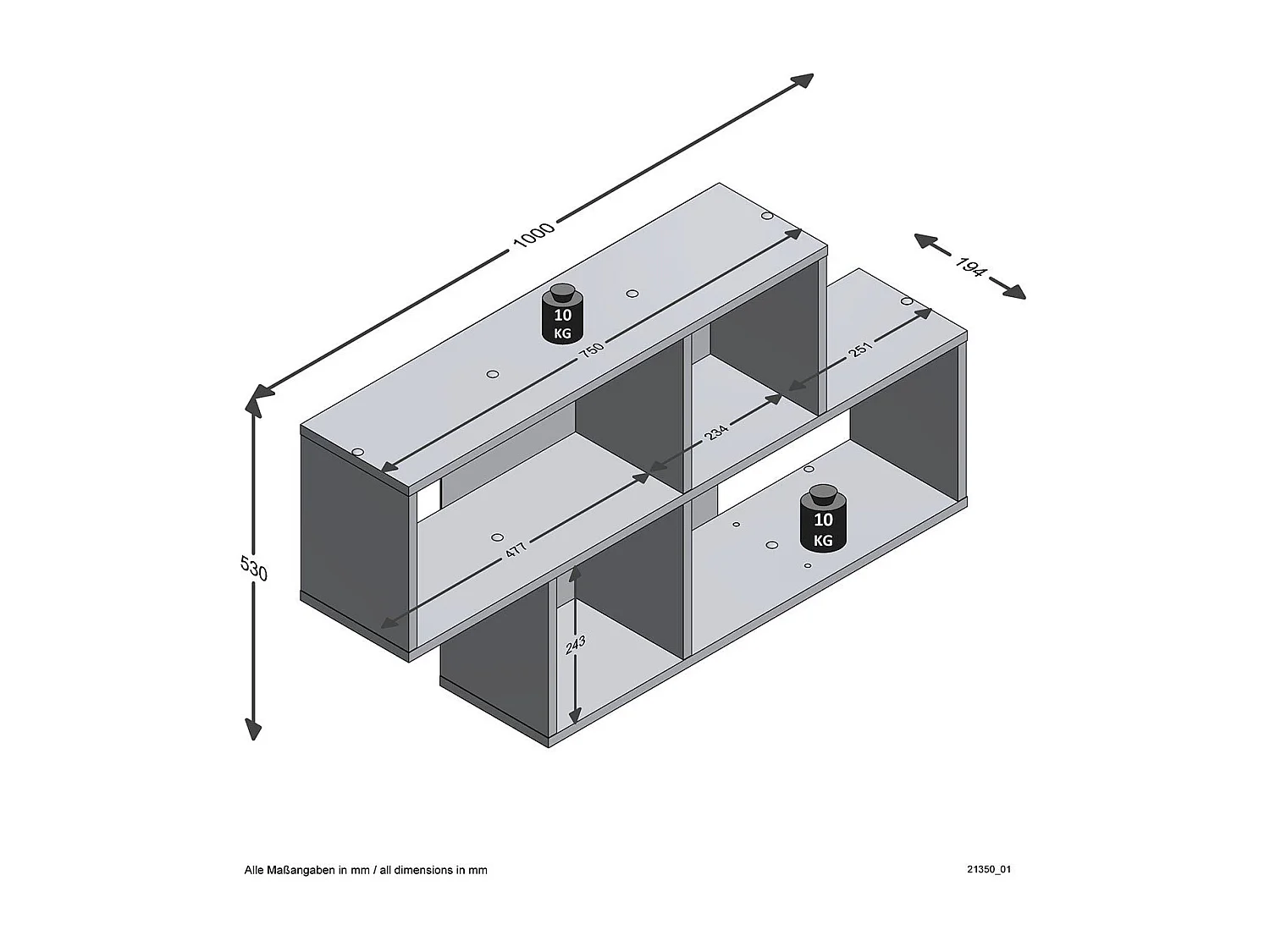 Etagère murale 4 Compartiments L100 cm - Nora