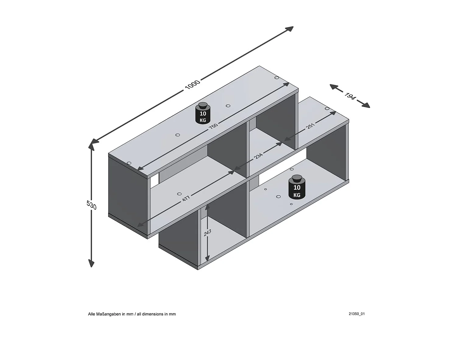 Etagère murale 4 Compartiments L100 cm - Nora