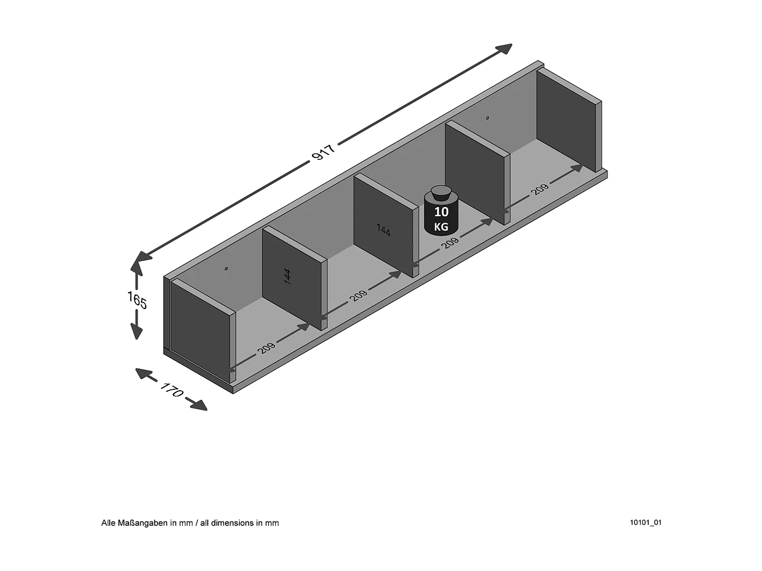 FMD Wandregal mit 4 Fächern 92x17x16,5 cm Eichenbraun