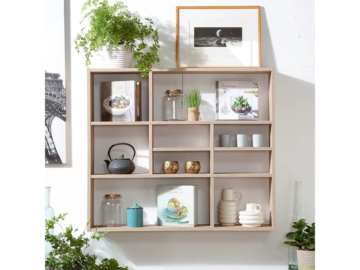 Wandschap met 9 vakken eikenkleurig