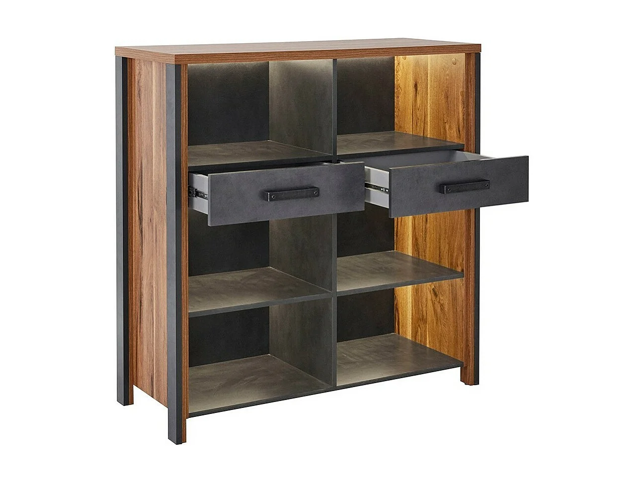 Buffet aberto 110cm coleção WINDSOR. Cores carvalho escuro e cinza antracite.