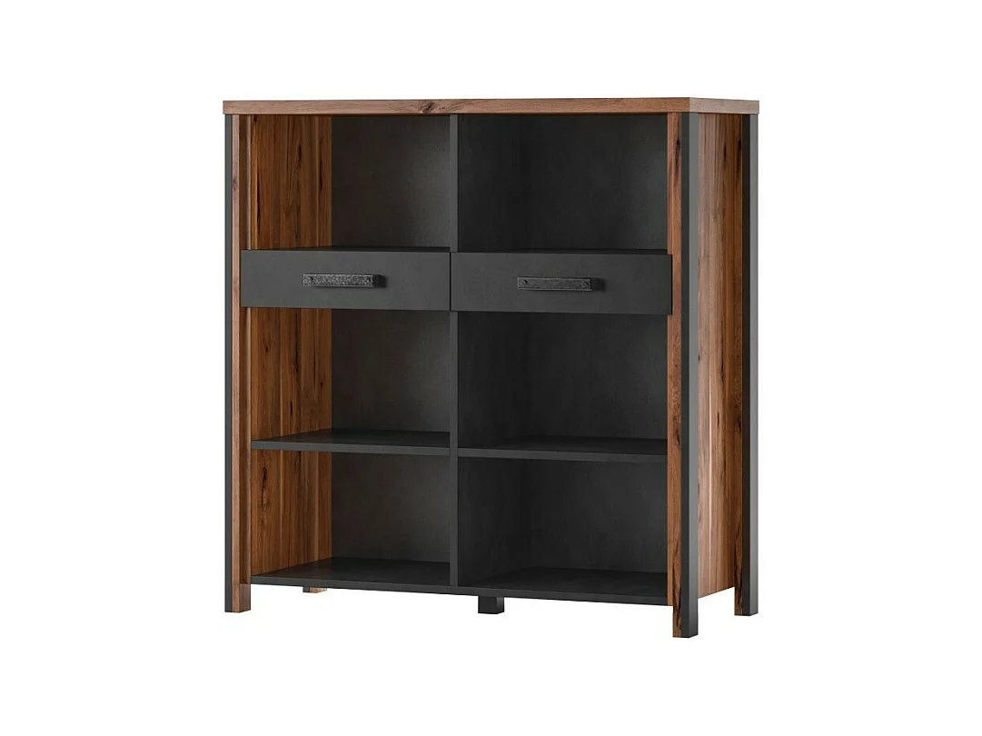 Buffet ouvert WINDSOR - Chêne foncé et gris anthracite - 6 niches, 2 tiroirs - 106.9 x 110.2 x 44 cm