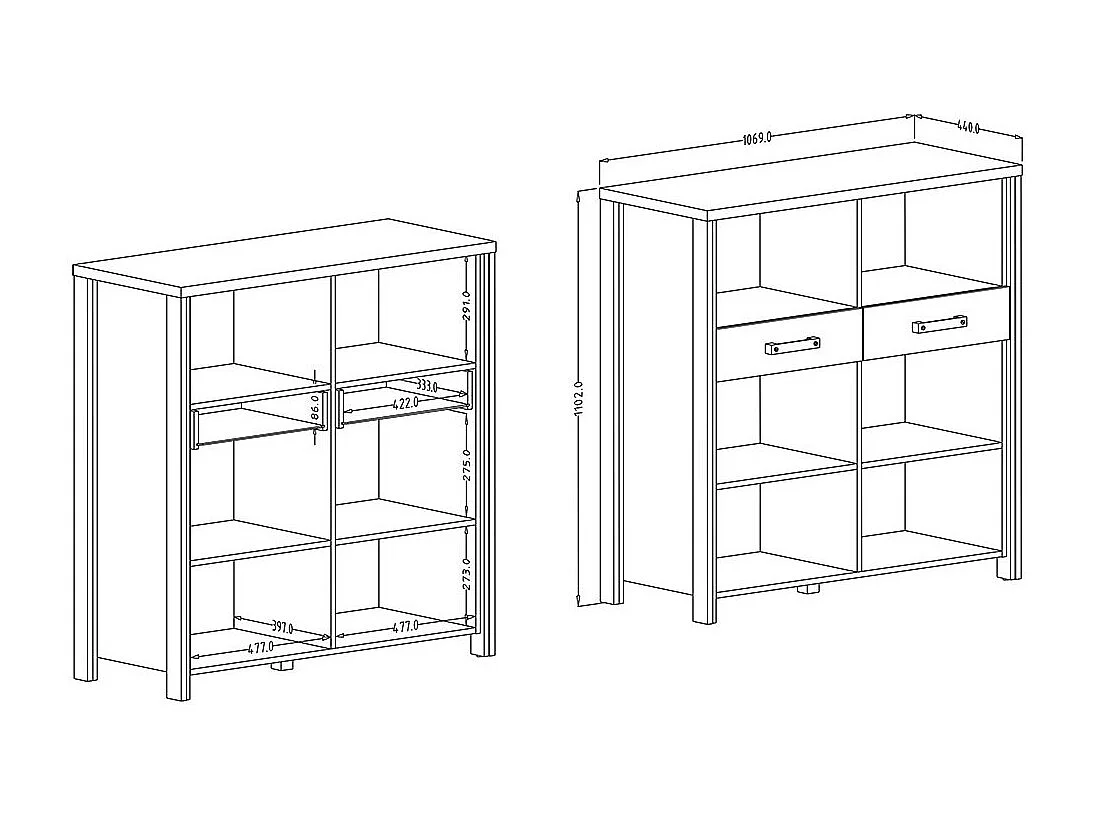 Buffet aberto 110cm coleção WINDSOR. Cores carvalho escuro e cinza antracite.