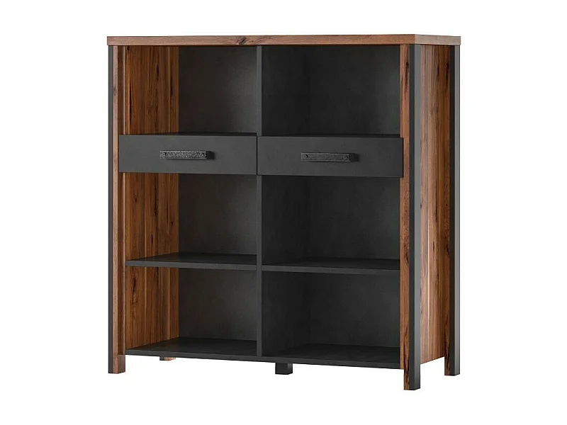 Buffet ouvert WINDSOR - Chêne foncé et gris anthracite - 6 niches, 2 tiroirs - 106.9 x 110.2 x 44 cm