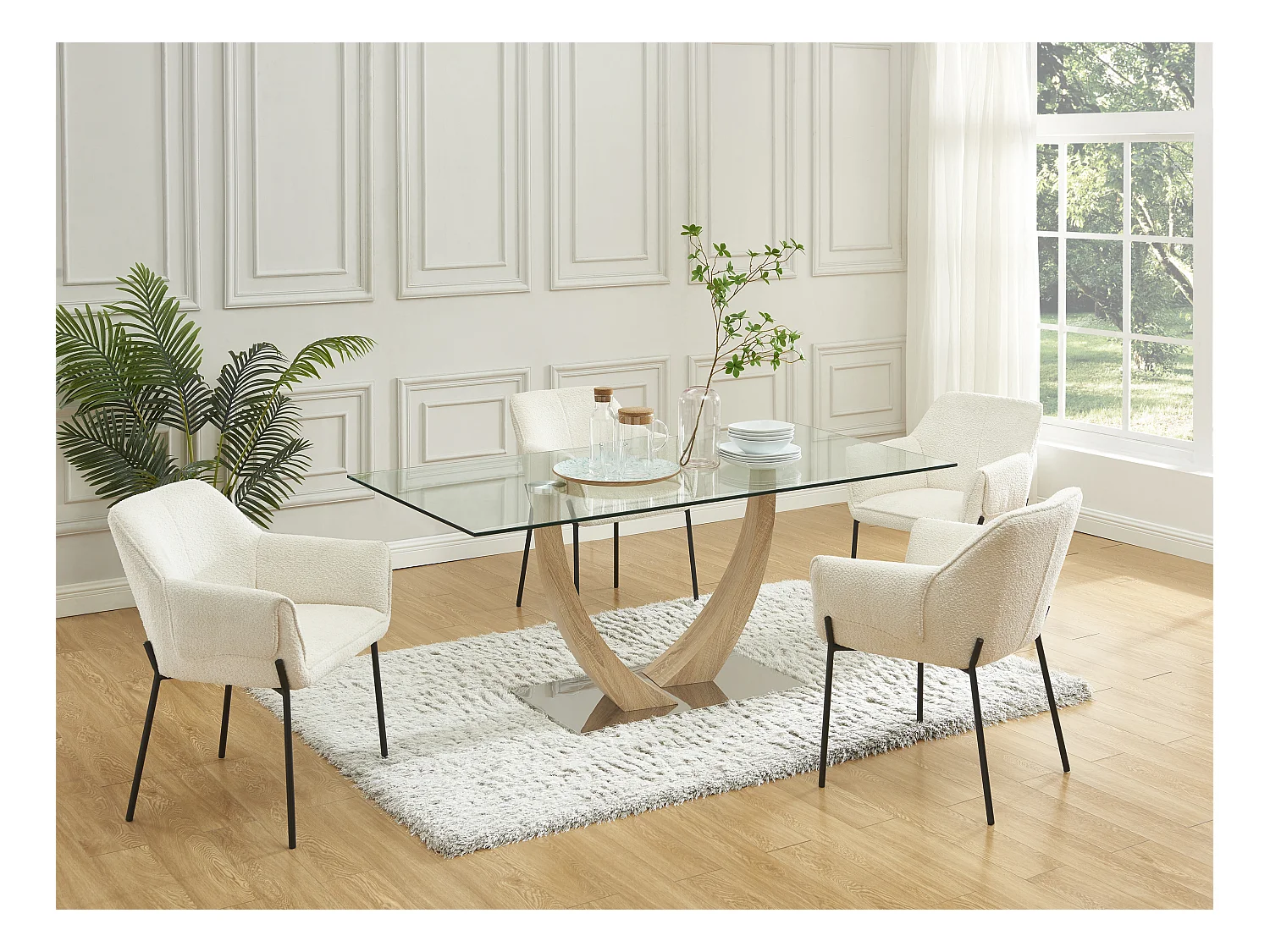 Lot de 6 chaises avec accoudoirs en tissu bouclette et métal noir - Crème - AKETI de Pascal Morabito
