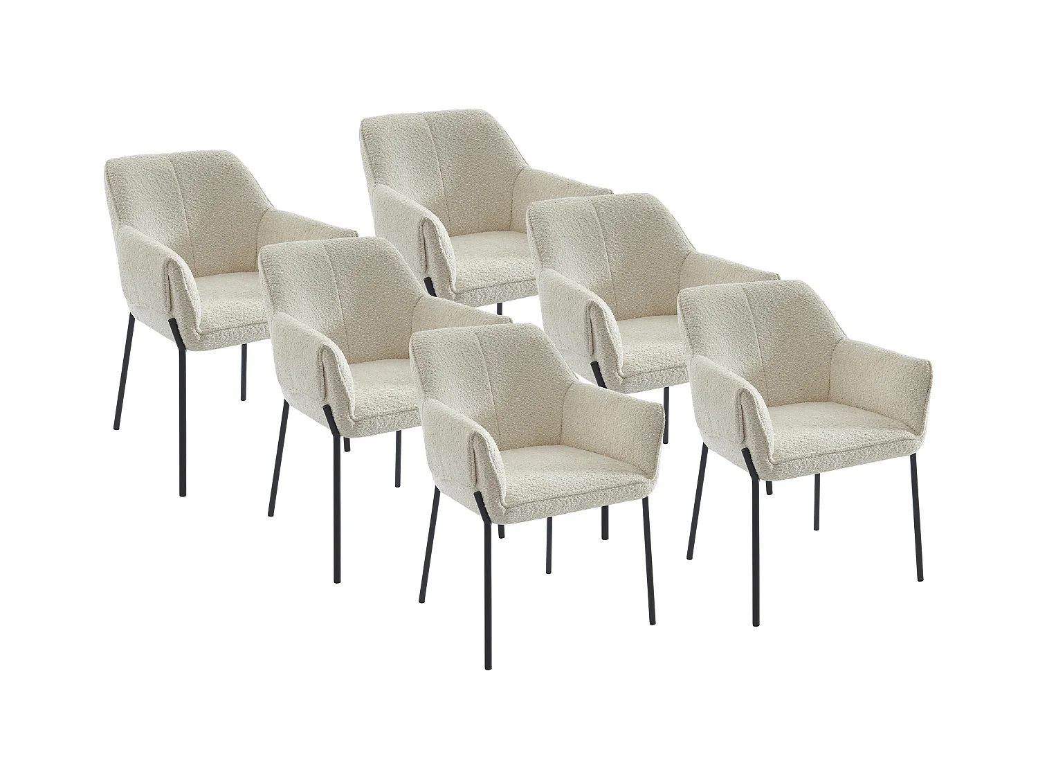 Lote de 6 sillas con brazos de tela de rizo y metal negro - Crema - AKETI