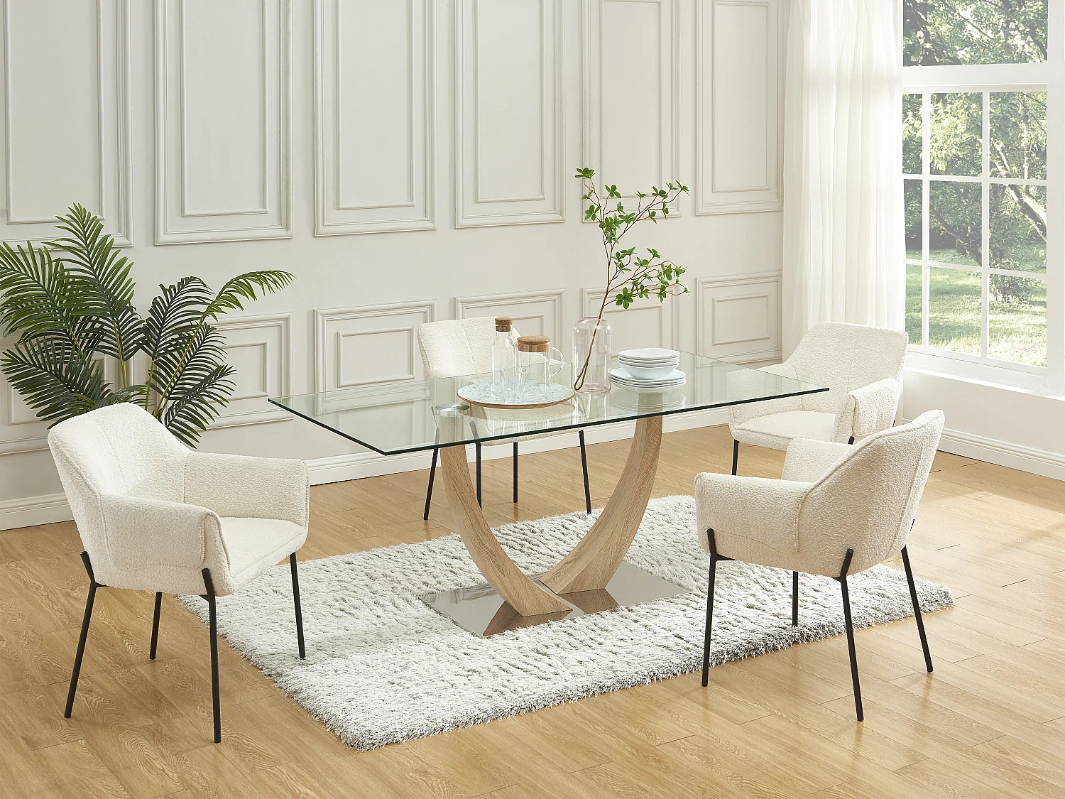 Lot de 6 chaises avec accoudoirs en tissu bouclette et métal noir - Crème - AKETI de Pascal Morabito