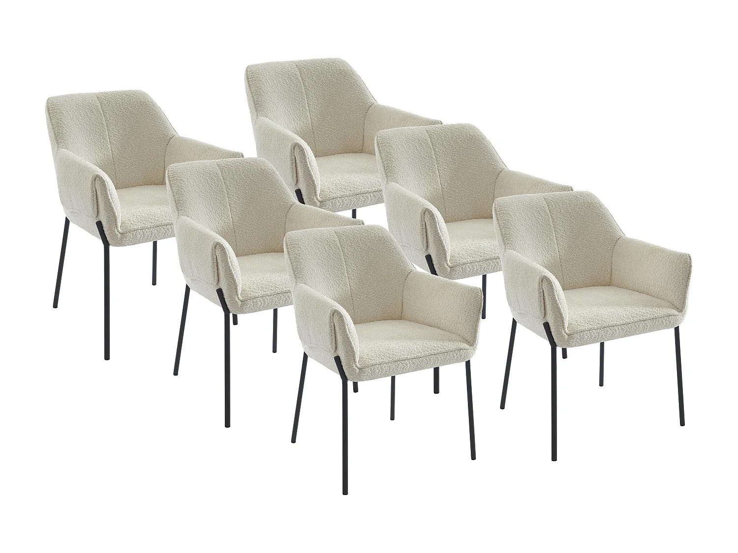 Lot de 6 chaises avec accoudoirs en tissu bouclette et métal noir - Crème - AKETI de Pascal Morabito