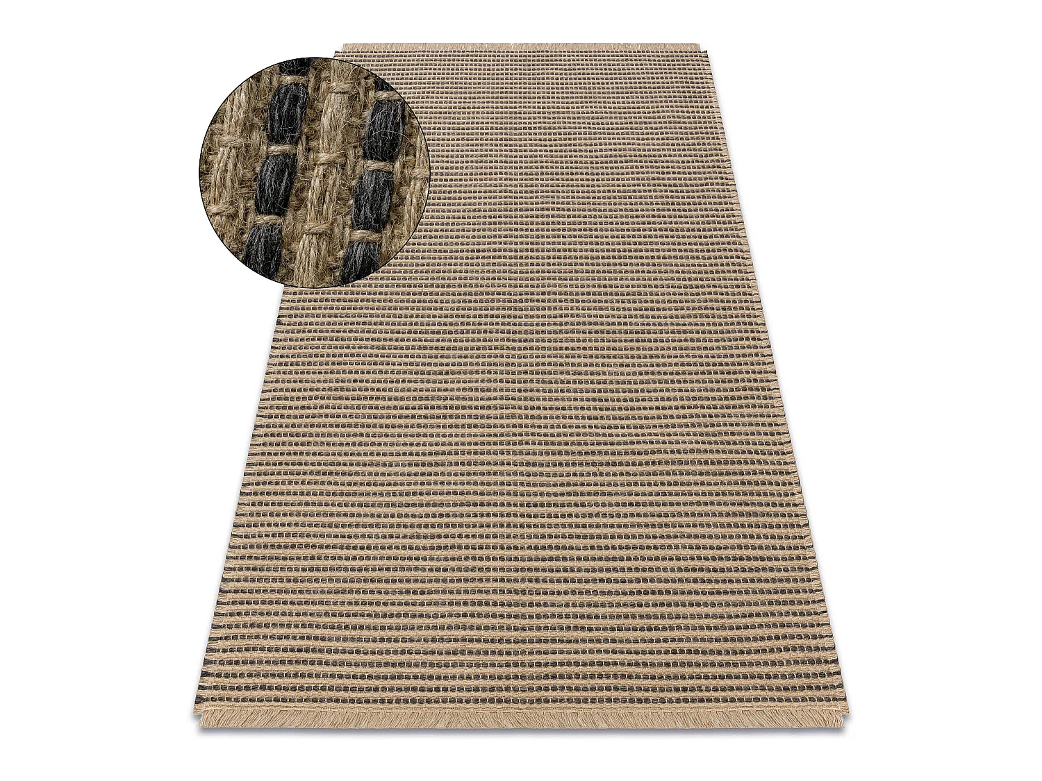 Tapis JUTE 3652 noir / beige lignes - jute, tissé à plat, franges 140x190 cm