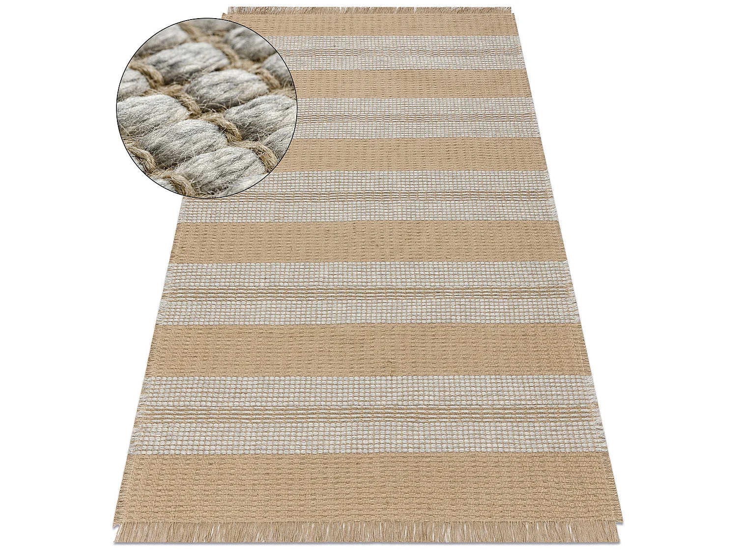 Tapis JUTE 3734 beige / gris rayures - jute, tissé à plat, franges 80x150 cm