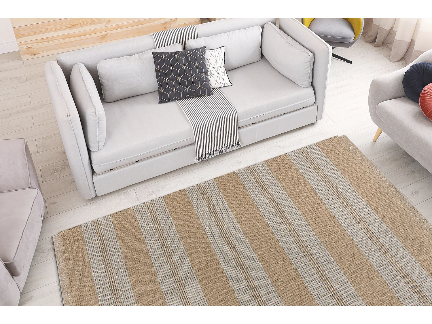 Tapis JUTE 3734 beige / gris rayures - jute, tissé à plat, franges 80x150 cm