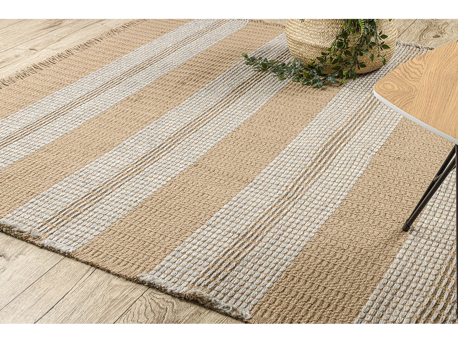 Tapis JUTE 3734 beige / gris rayures - jute, tissé à plat, franges 80x150 cm
