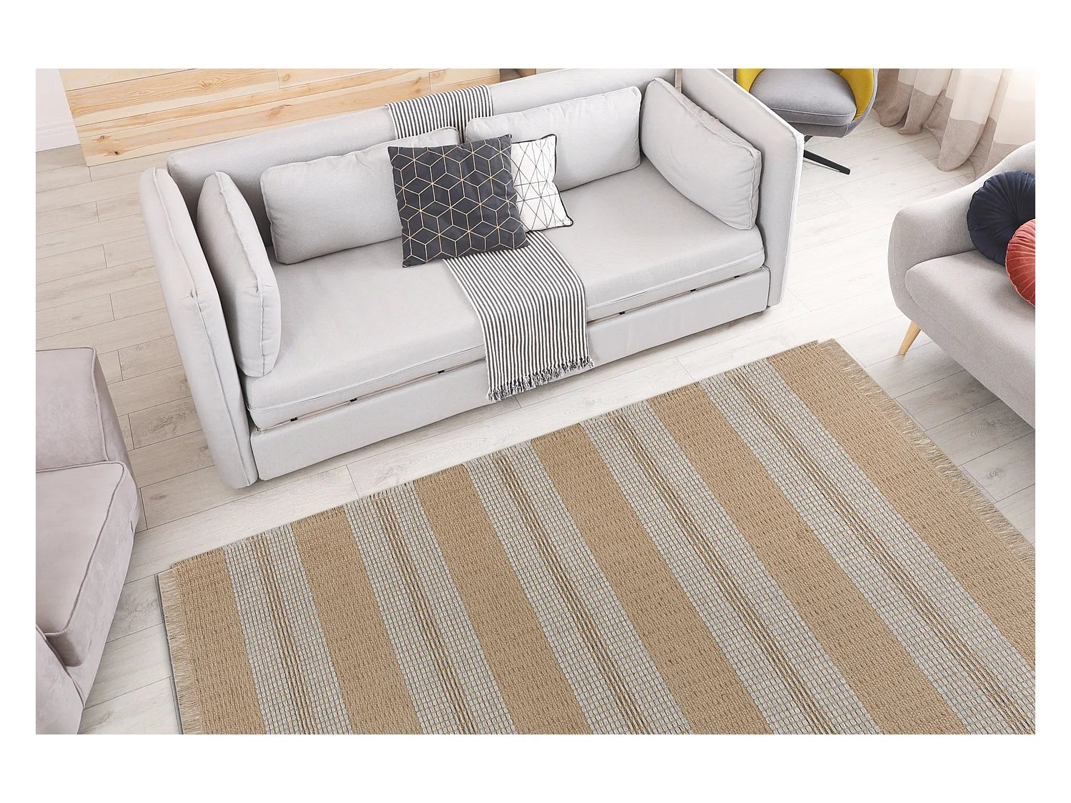 Tapijt JUTE 3734 beige / grijze strepen - jute, platgeweven, franjes 80x150 cm