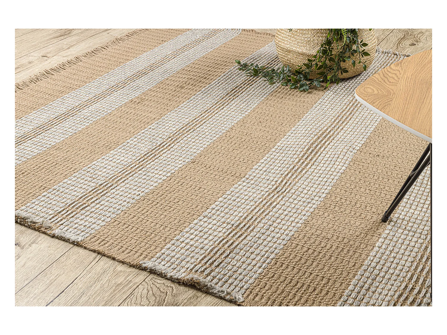 Tapijt JUTE 3734 beige / grijze strepen - jute, platgeweven, franjes 80x150 cm