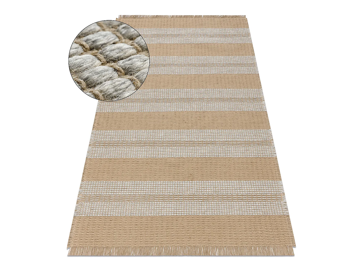 Tapijt JUTE 3734 beige / grijze strepen - jute, platgeweven, franjes 200x290 cm