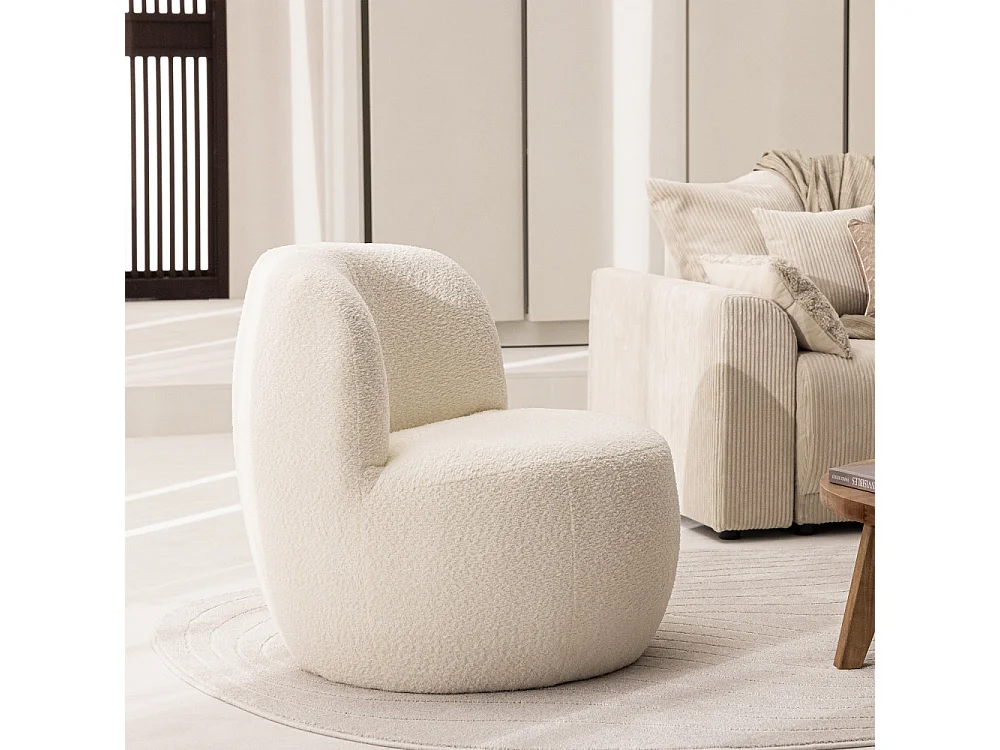 Mo - Fauteuil rond en tissu bouclette - Blanc