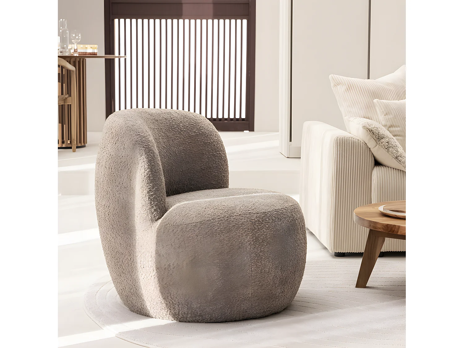 Mo - Fauteuil rond en tissu bouclette - Taupe
