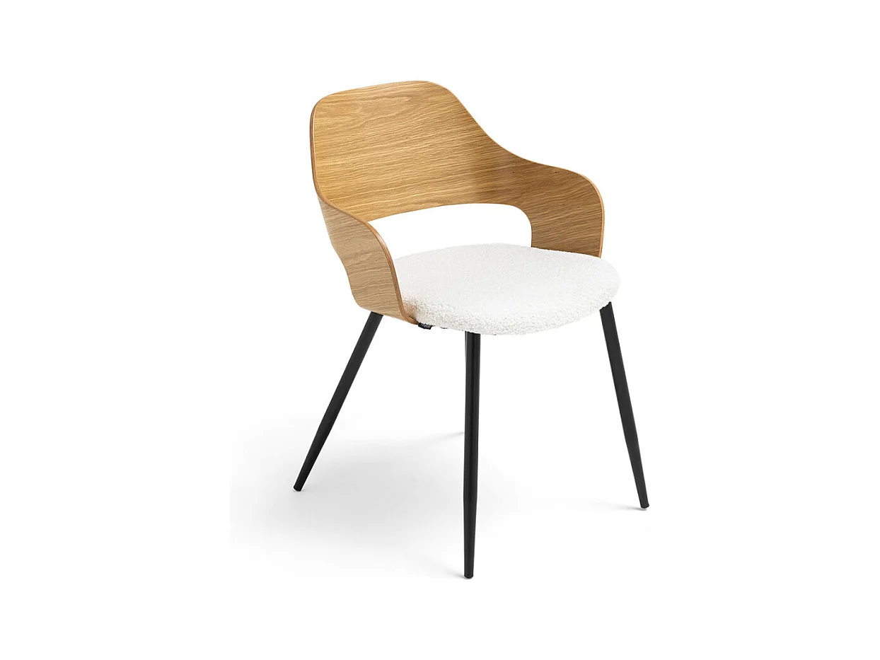 Nicole - Lot de 2 fauteuils de table en tissu bouclette, bois et métal : Couleur - Blanc