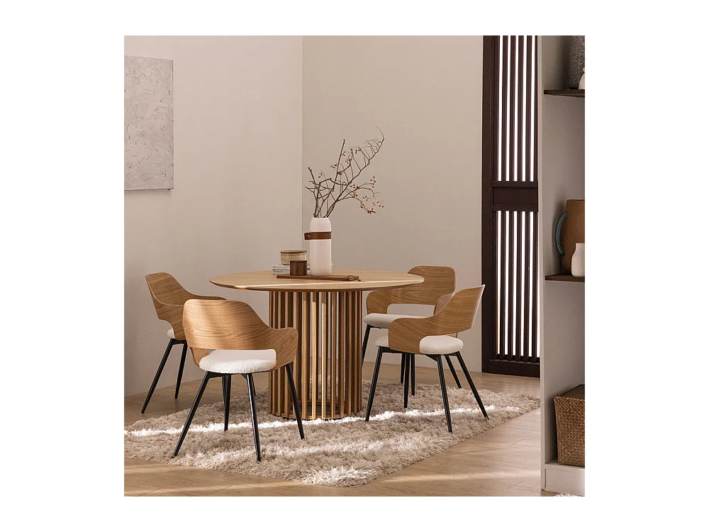 Nicole - Lot de 2 fauteuils de table en tissu bouclette, bois et métal : Couleur - Blanc