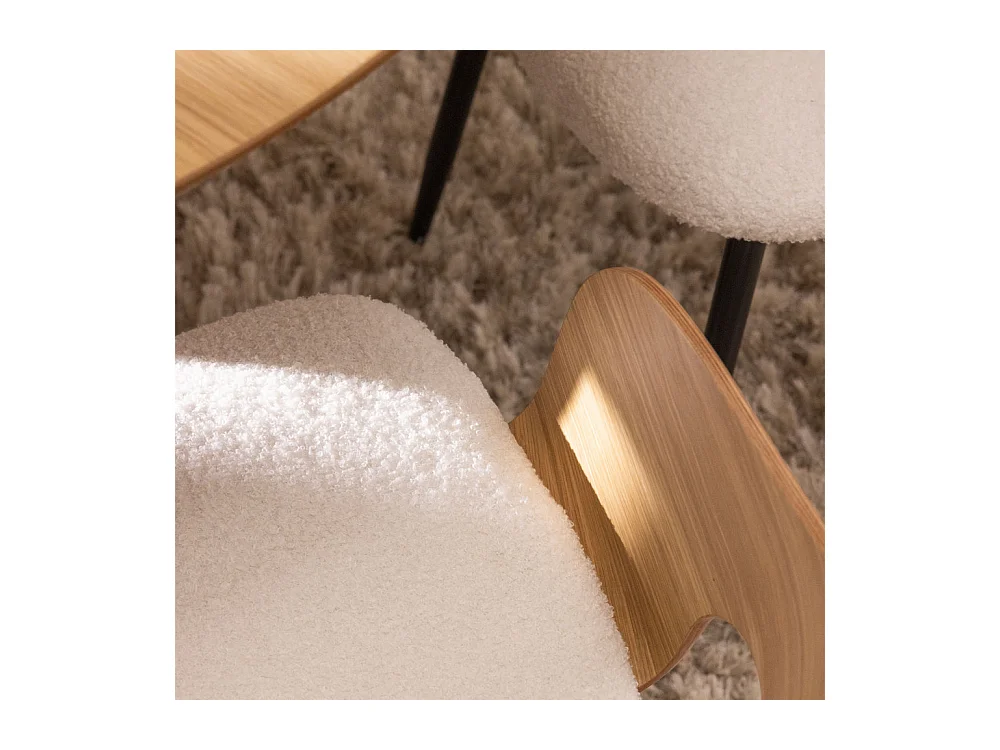 Nicole - Lot de 2 fauteuils de table en tissu bouclette, bois et métal : Couleur - Blanc
