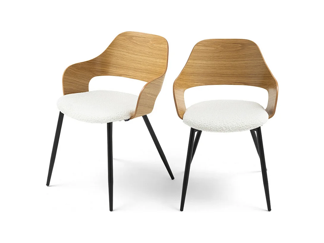 Nicole - Lot de 2 fauteuils de table en tissu bouclette, bois et métal : Couleur - Blanc