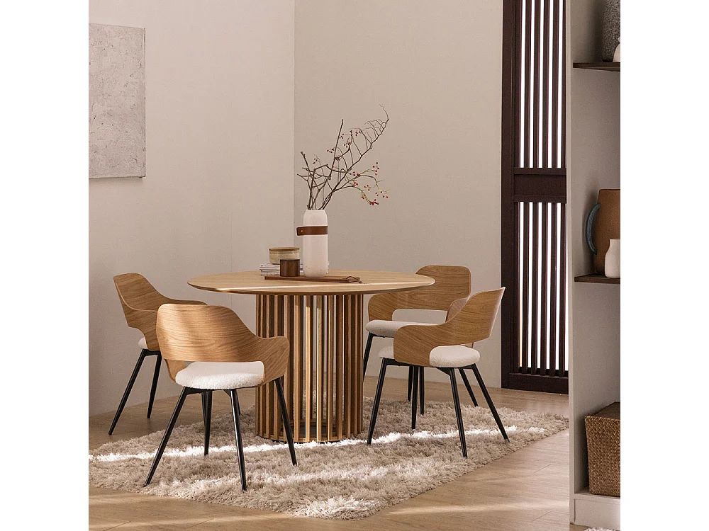 Nicole - Lot de 2 fauteuils de table en tissu bouclette, bois et métal : Couleur - Blanc