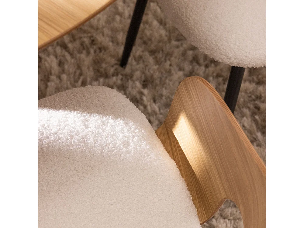 Nicole - Lot de 2 fauteuils de table en tissu bouclette, bois et métal : Couleur - Blanc