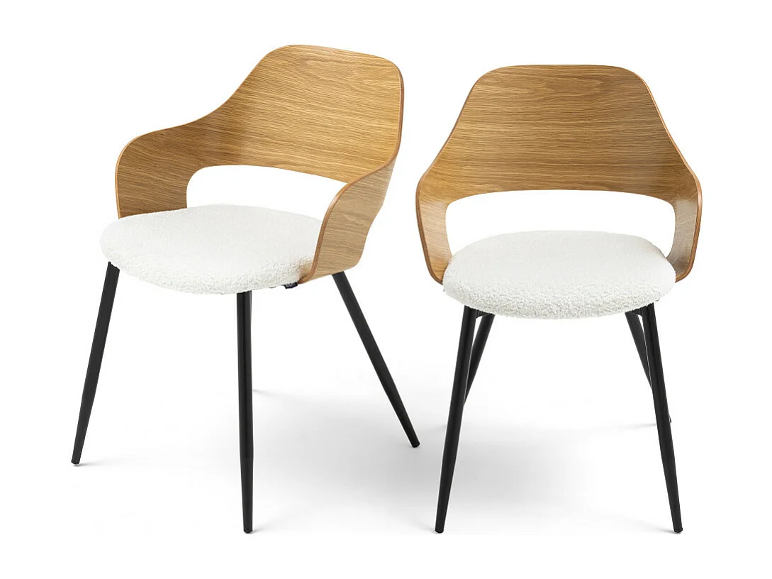 Nicole - Lot de 2 fauteuils de table en tissu bouclette, bois et métal : Couleur - Blanc