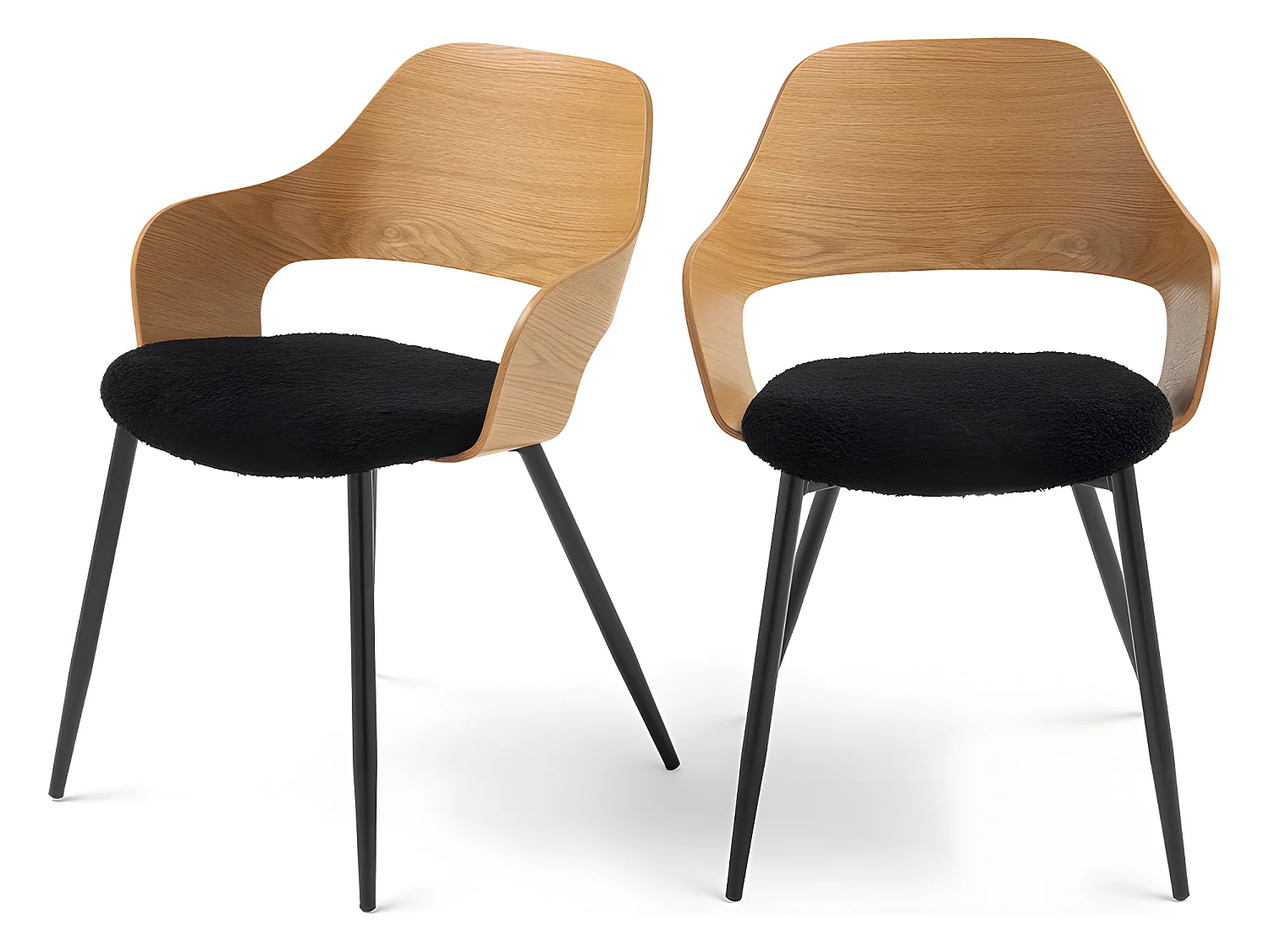 Nicole - Lot de 2 fauteuils de table en tissu bouclette, bois et métal : Couleur - Noir