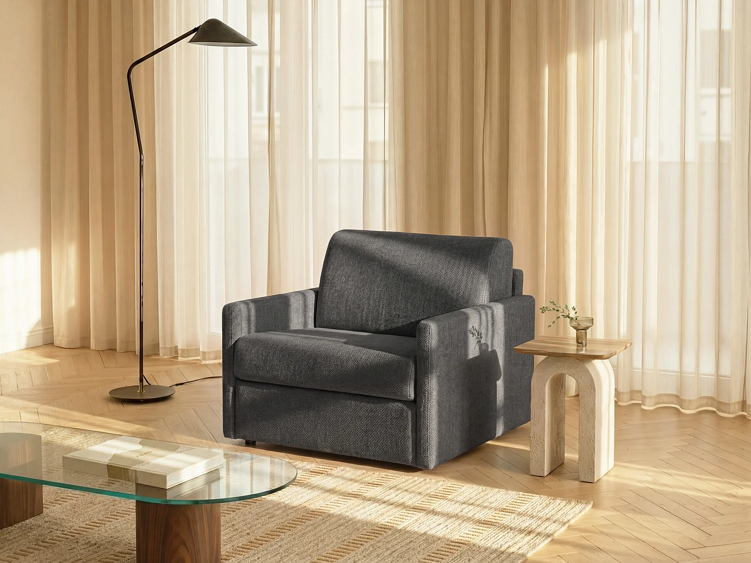 Fauteuil convertible express en tissu texturé gris -  Matelas 14 cm CALIFE