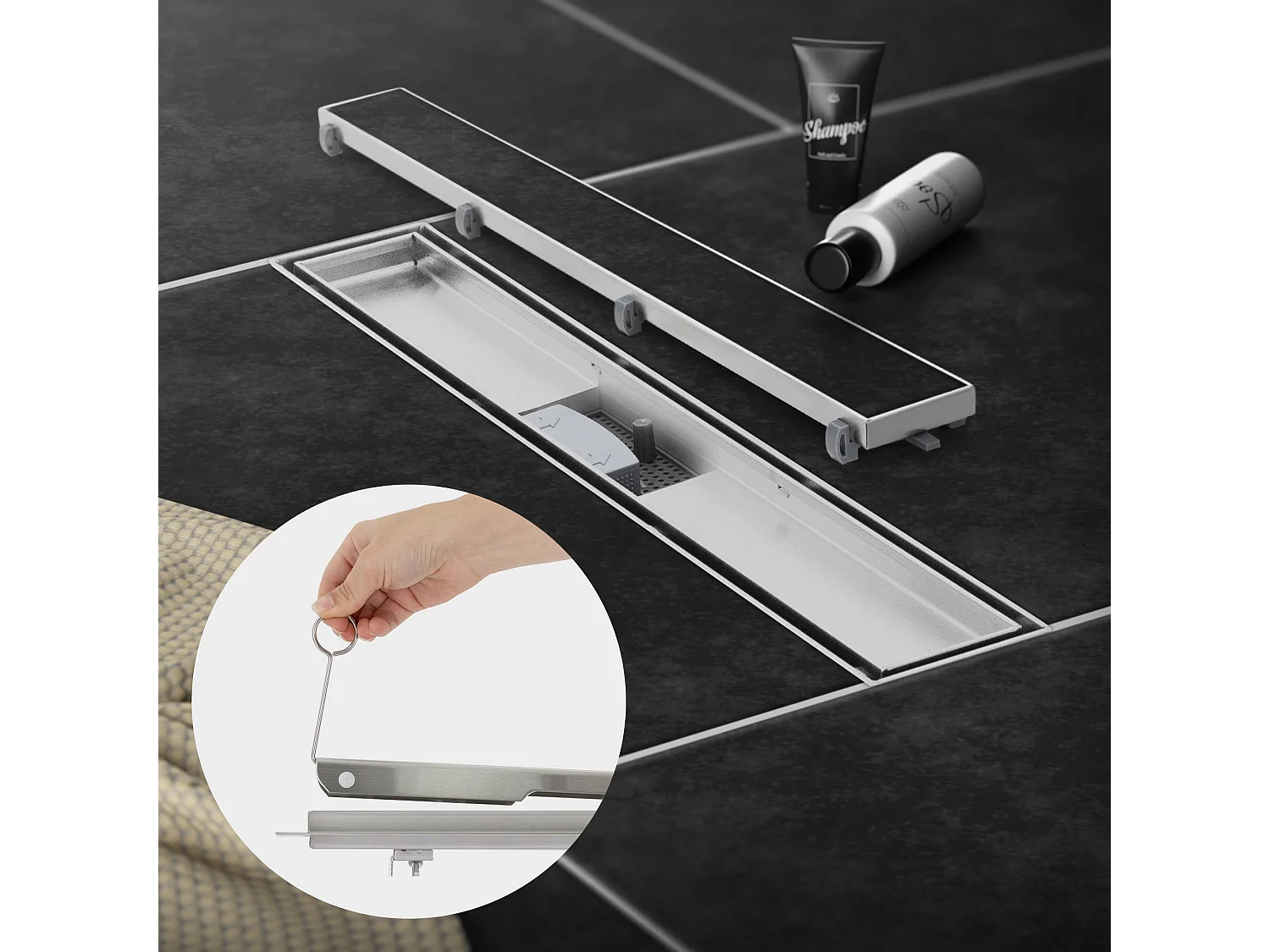 Caniveau de douche en acier inoxydable carrelé 70 cm et siphon Set complet argent plat LuxeBath