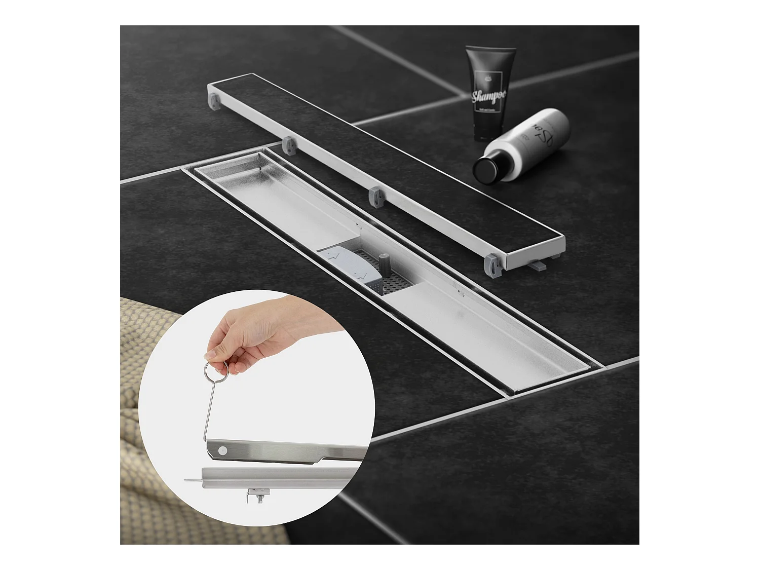 Caniveau de douche en acier inoxydable carrelé 80 cm et siphon Set complet argent plat LuxeBath