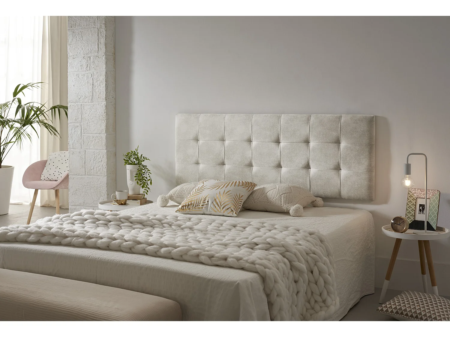 Cabecero de Cama 150 Capitone Cuadros Tela Antimanchas 152x57x5cm Blanco Roto