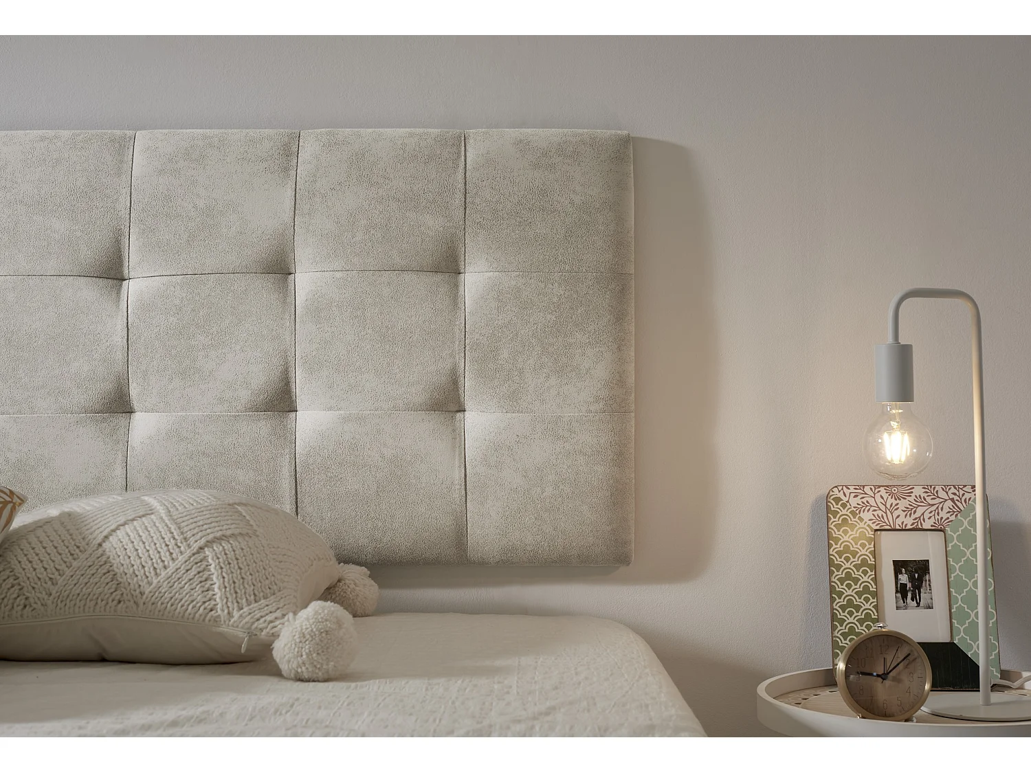 Cabecero de Cama 150 Capitone Cuadros Tela Antimanchas 152x57x5cm Blanco Roto