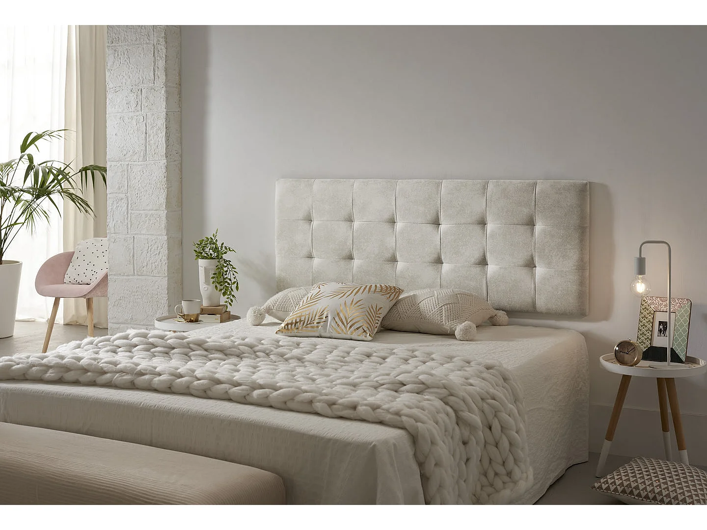 Tête de lit 150 Capitone Squares Tissu Antitache 152x57x5cm Blanc Cassé