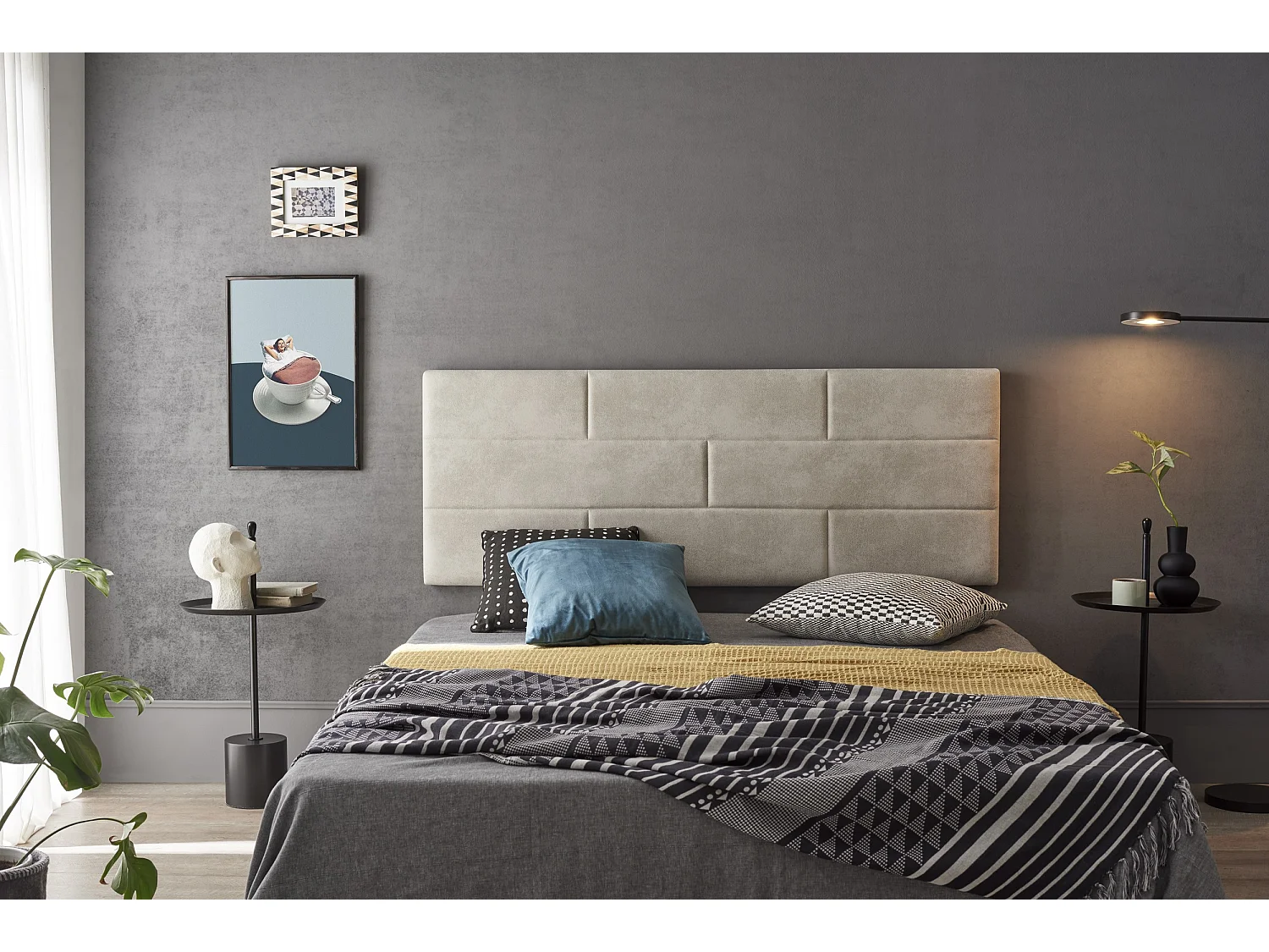 Cabecero de Cama 150 Ladrillos Tela Antimanchas 152x57x5 Blanco Roto Efecto Granito