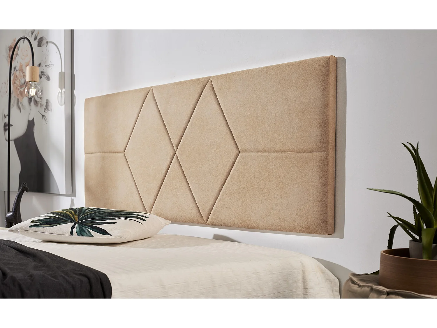 Cabecero de Cama 160 Dos Rombos Tela Antimanchas 162x57x5cm Camel Claro