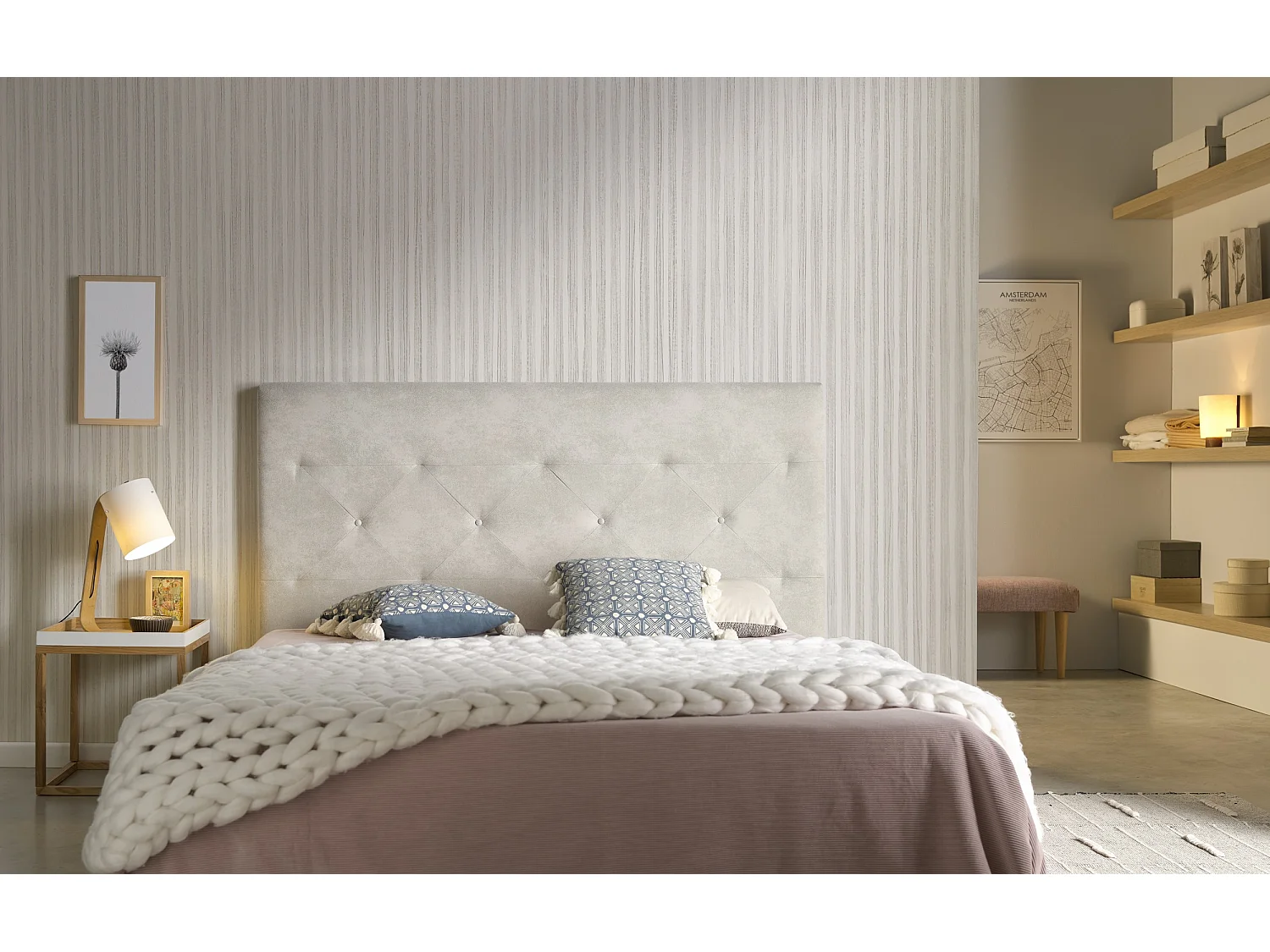 Cabecero Zafiro para Cama de 135 de Tela Blanco Roto 154x115x8..