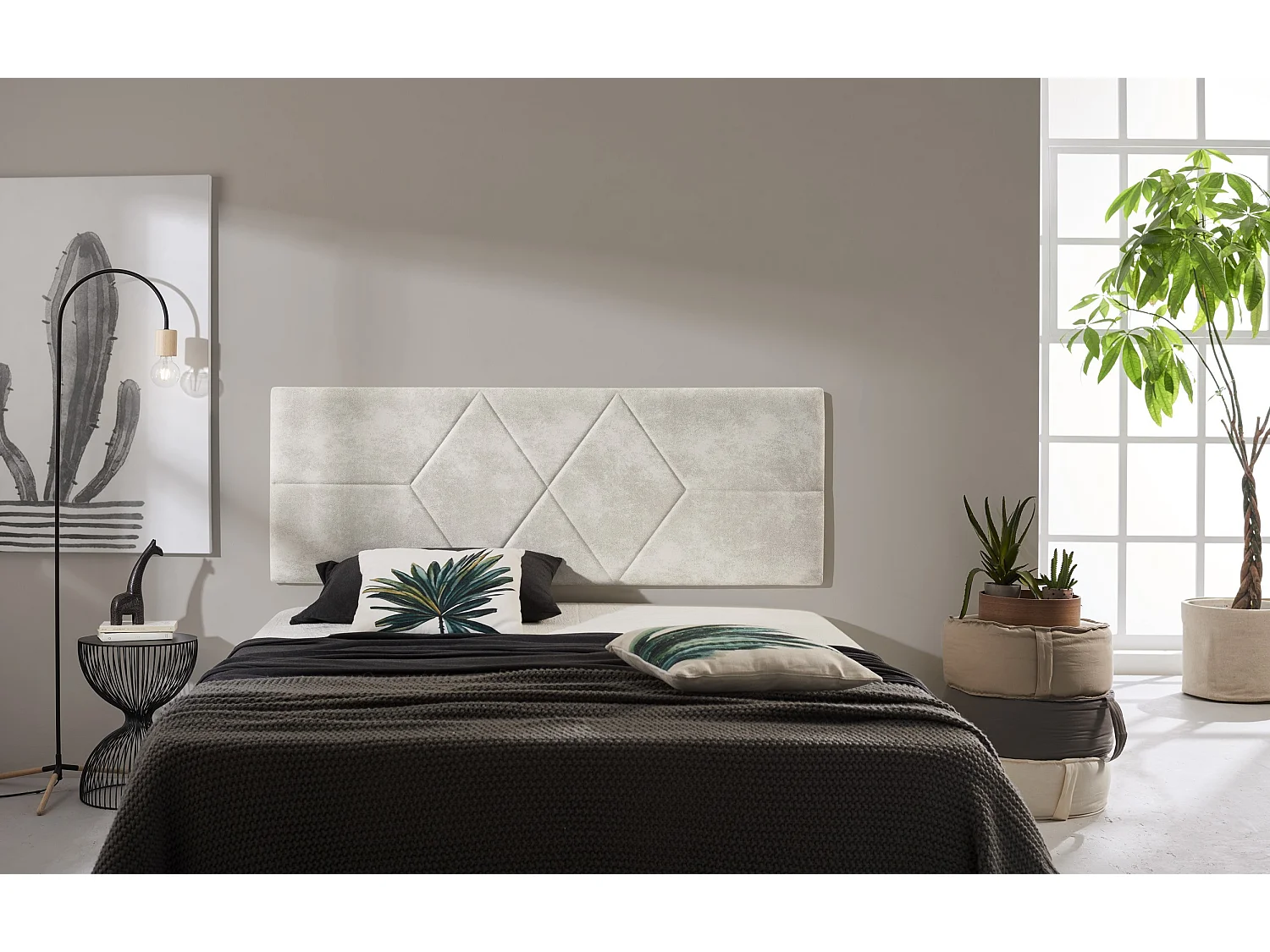 Cabecero de Cama 160 Rombos Tela Antimanchas 162x57x5cm Blanco Roto Efecto Granito