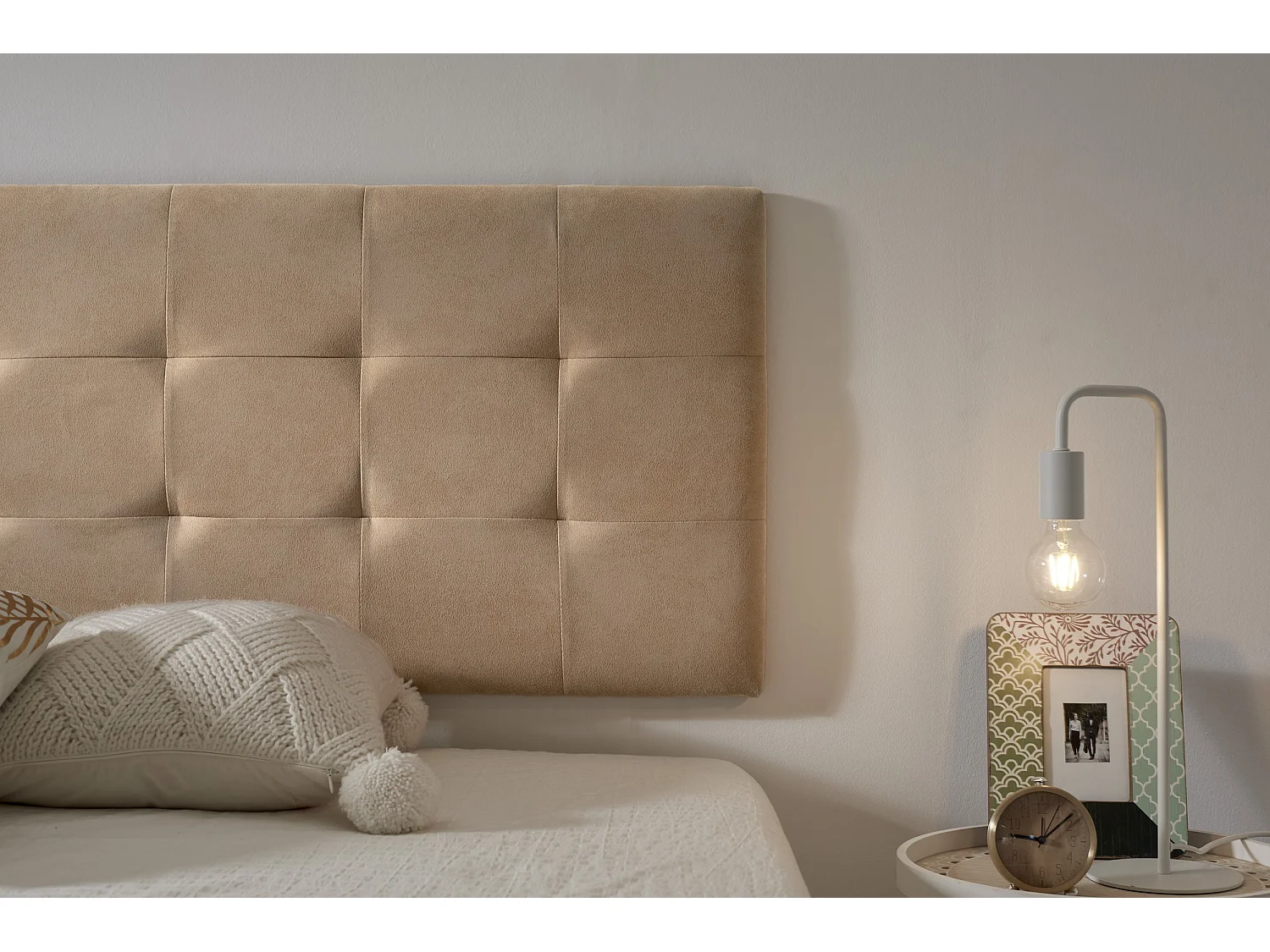 Cabecero de Cama 160 Capitone Cuadros Tela Antimanchas 162x57x5cm Camel Claro