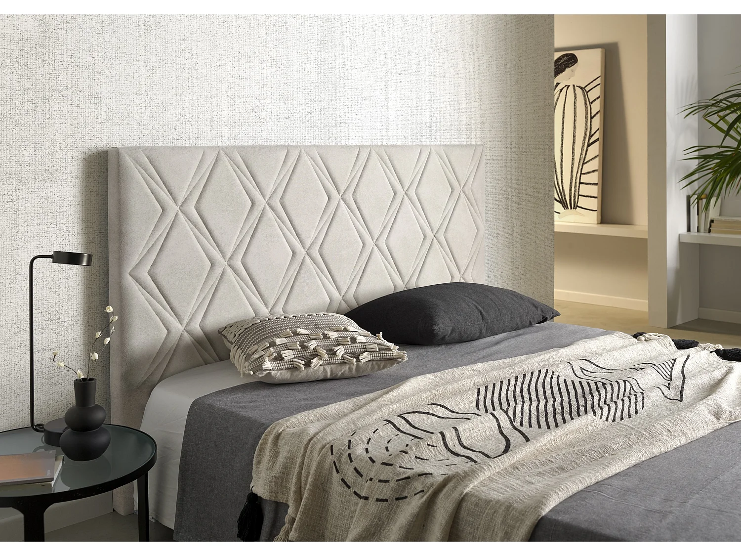 Cabecero Rubí para Cama de 135 de Tela Blanco Roto 154x115x8..