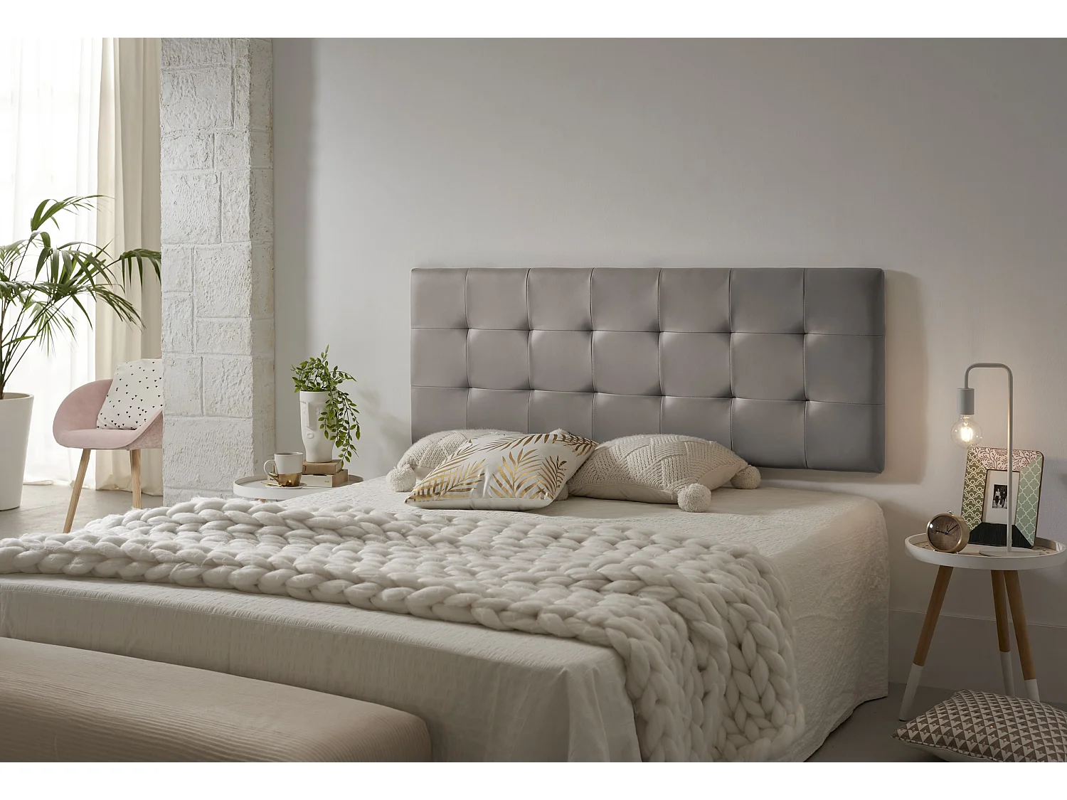 Cabecero de Cama 140 Capitone Cuadros Polipiel 152x57x5cm Gris