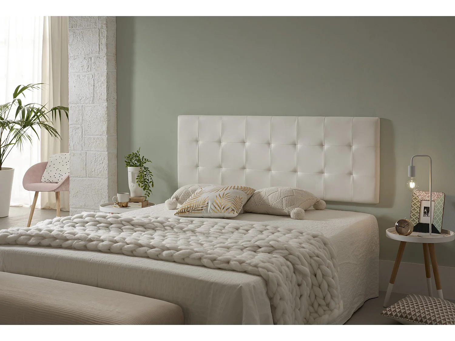 Cabecero de Cama 140 Capitone Cuadros Polipiel 152x57x5cm Blanco