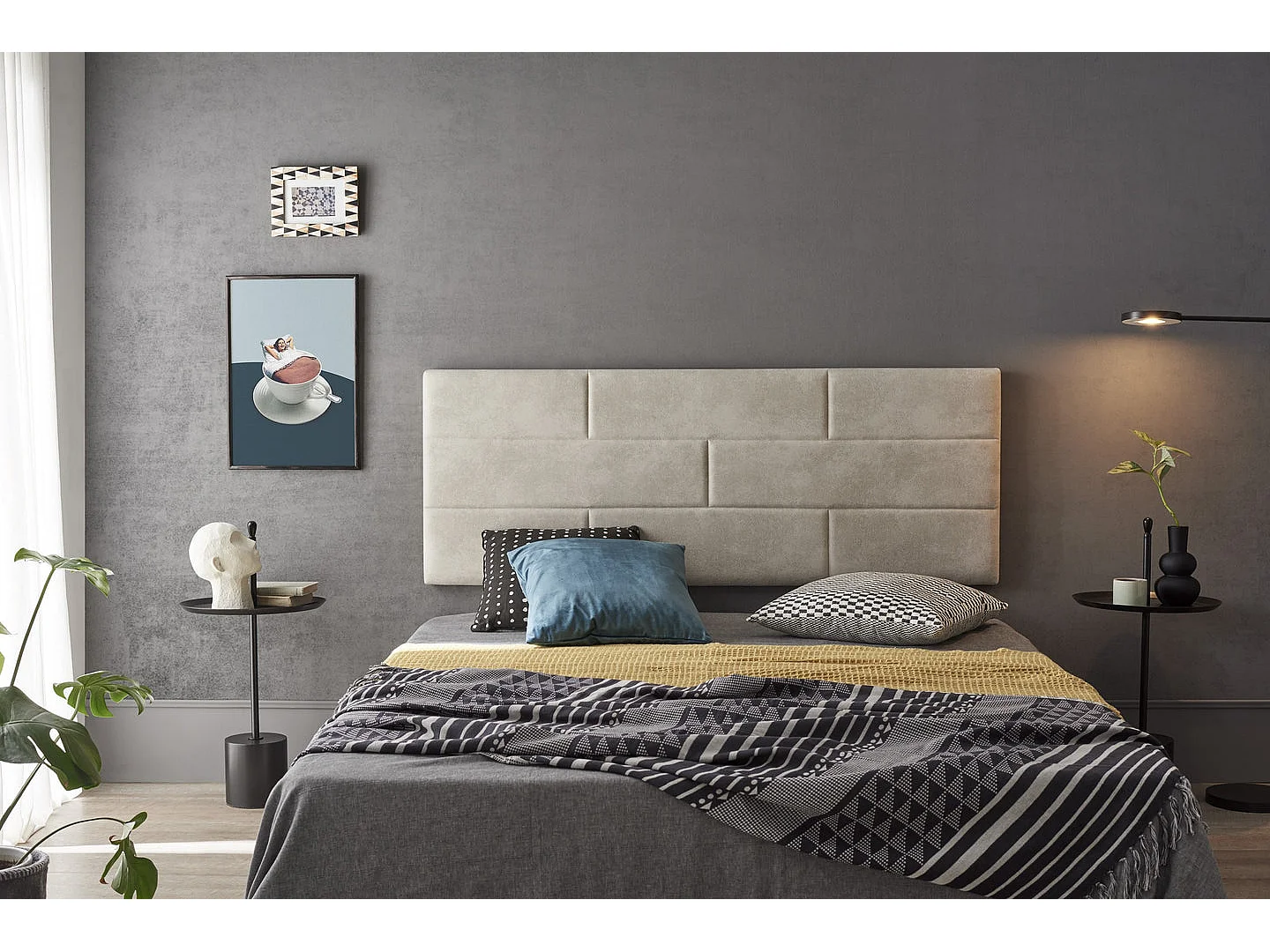 Tête de Lit 160 Bricks Tissu Antitache 162x57x5 Effet Granit Blanc Cassé