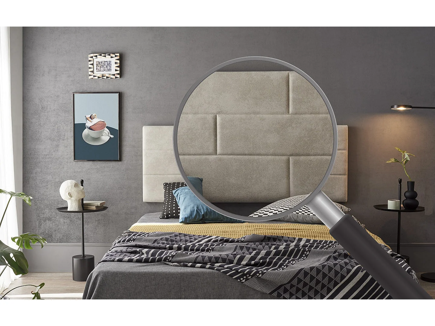 Tête de Lit 160 Bricks Tissu Antitache 162x57x5 Effet Granit Blanc Cassé