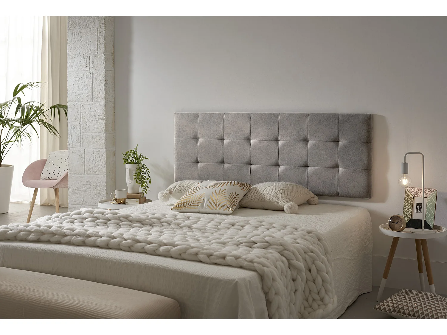 Cabecero de Cama 120 Capitone Cuadros Tela Antimanchas 152x57x5cm Gris